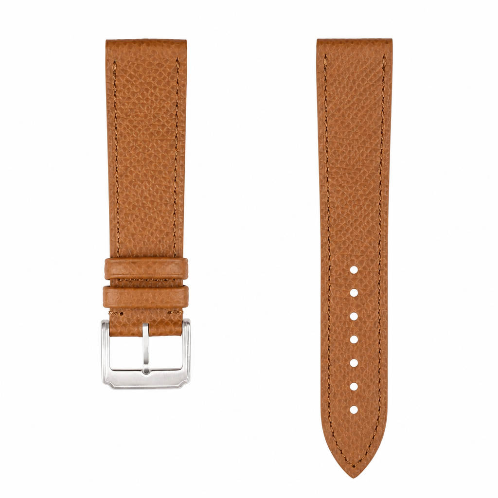 Brown leather watch strap with silver buckle on white background
