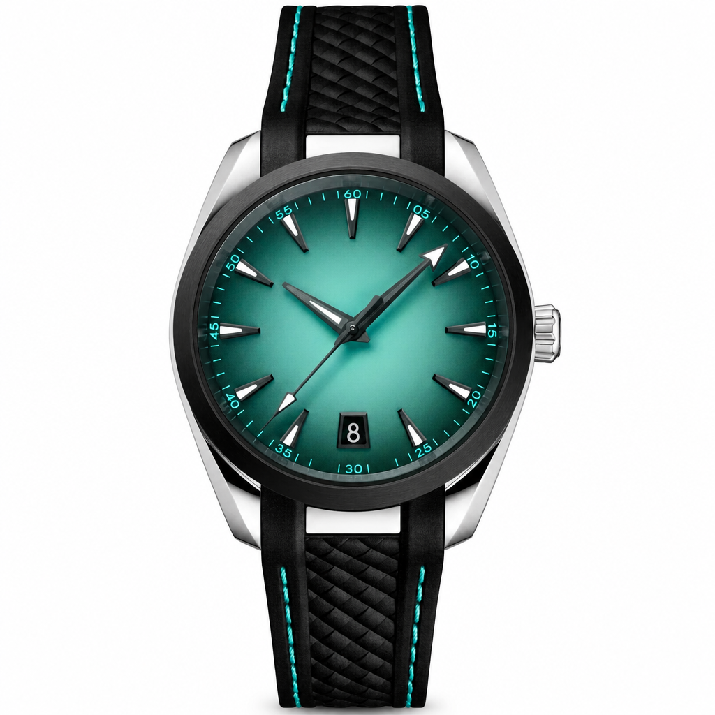 Casual sport watch with turquoise gradient dial and black rubber strap with turquoise stitching, 38mm metal case