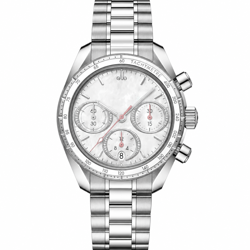 Silver-tone chronograph watch with white dial and metal bracelet 38mm