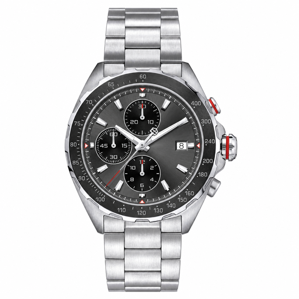 Sport chronograph watch with silver metal bracelet on white background