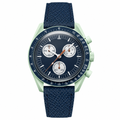 Chronograph watch with navy blue dial and leather strap, light green case