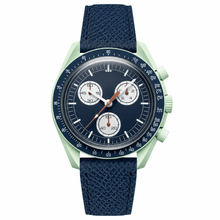 Relógio cronógrafo com pulseira de couro azul-marinho