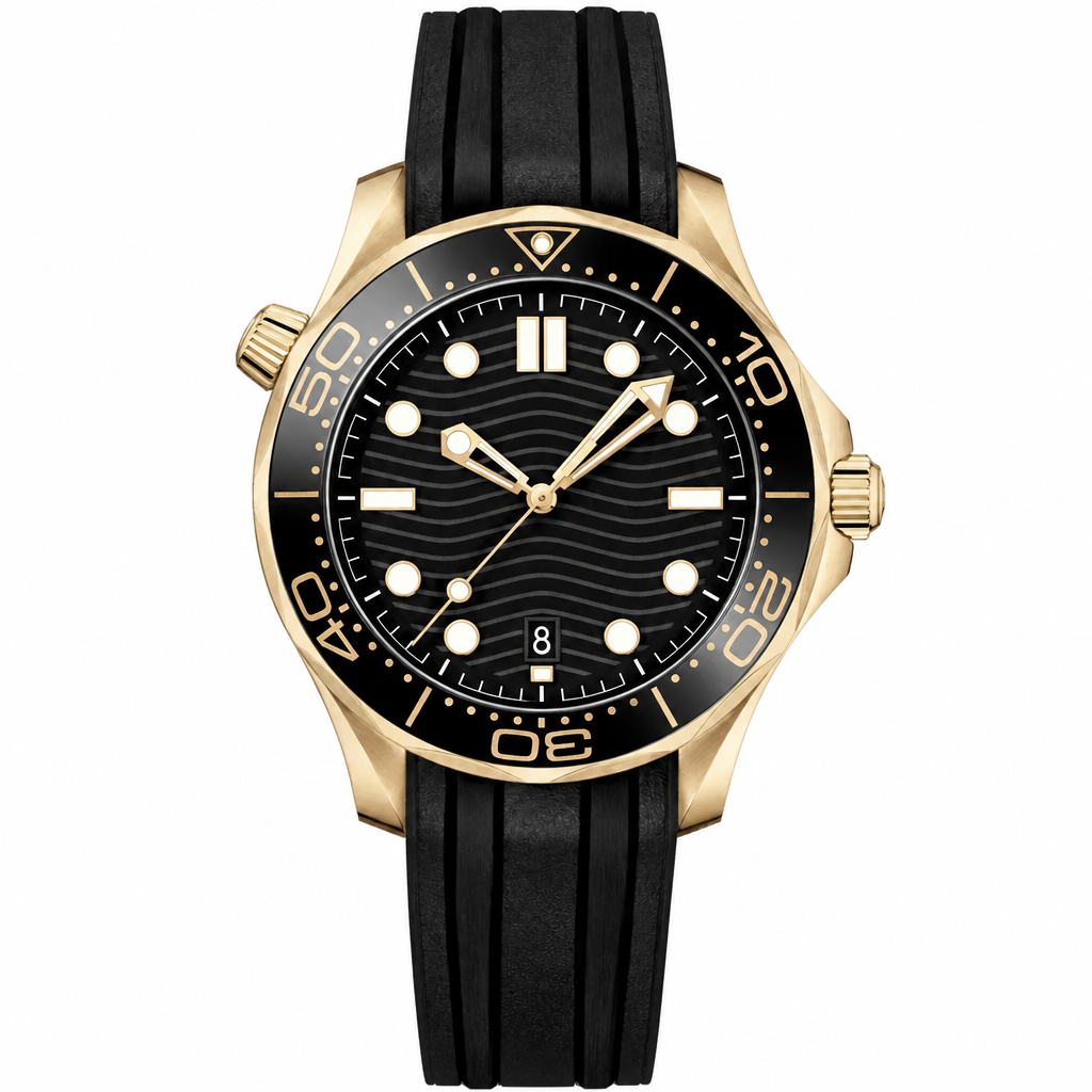 Sporty diver watch with black dial, gold-tone case, and black rubber strap