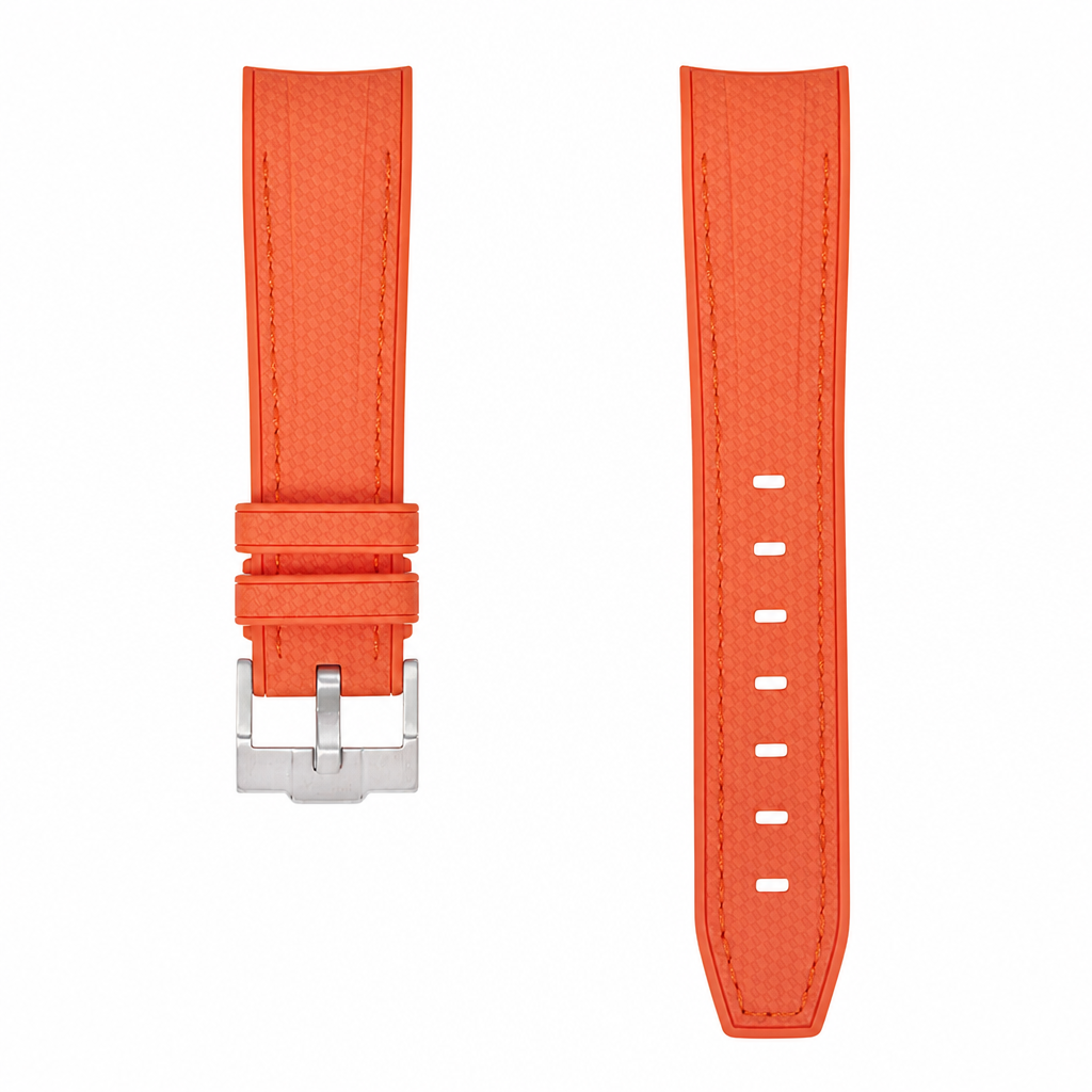 Orange rubber watch strap with stainless steel buckle