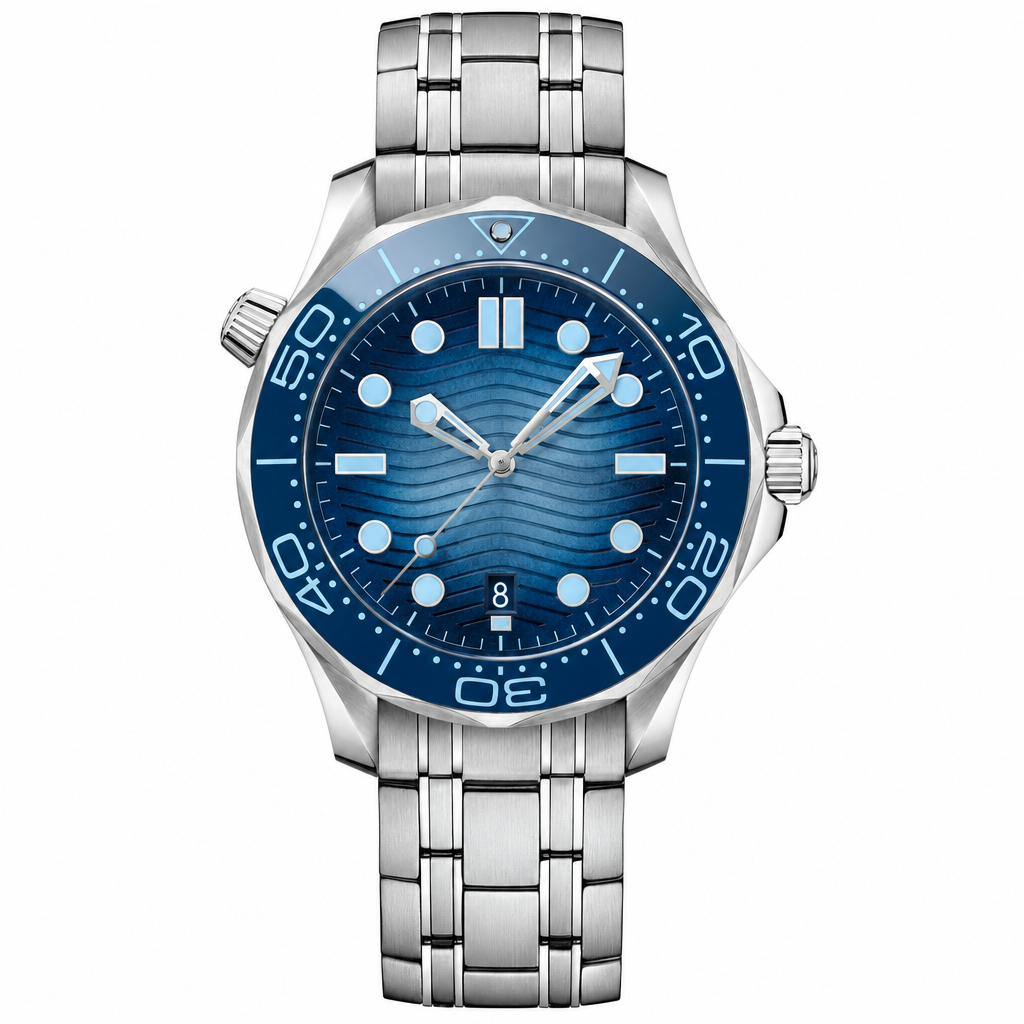 42mm stainless steel diver watch with blue dial and bezel