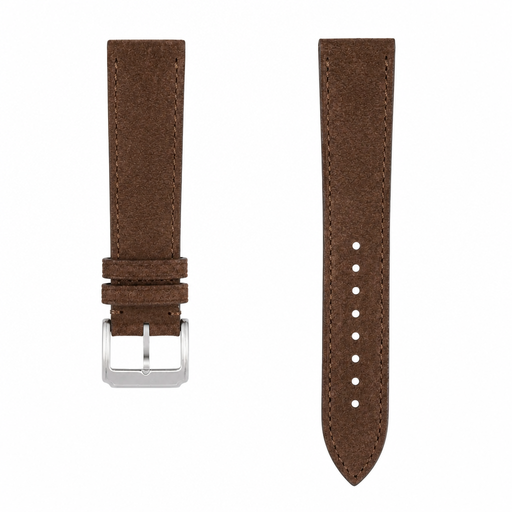 Brown suede leather watch strap with metal buckle, 20mm lug width