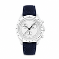 Chronograph watch with white dial and blue suede strap on white background