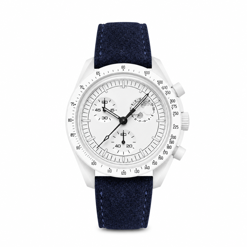Chronograph watch with white dial and blue suede strap on white background