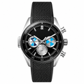 Sport chronograph watch with black dial, silver case, and black textured rubber strap on white background