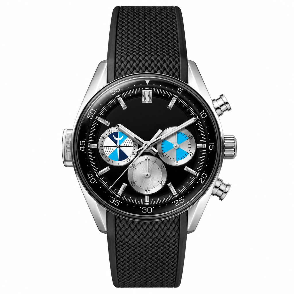 Sport chronograph watch with black dial, silver case, and black textured rubber strap on white background