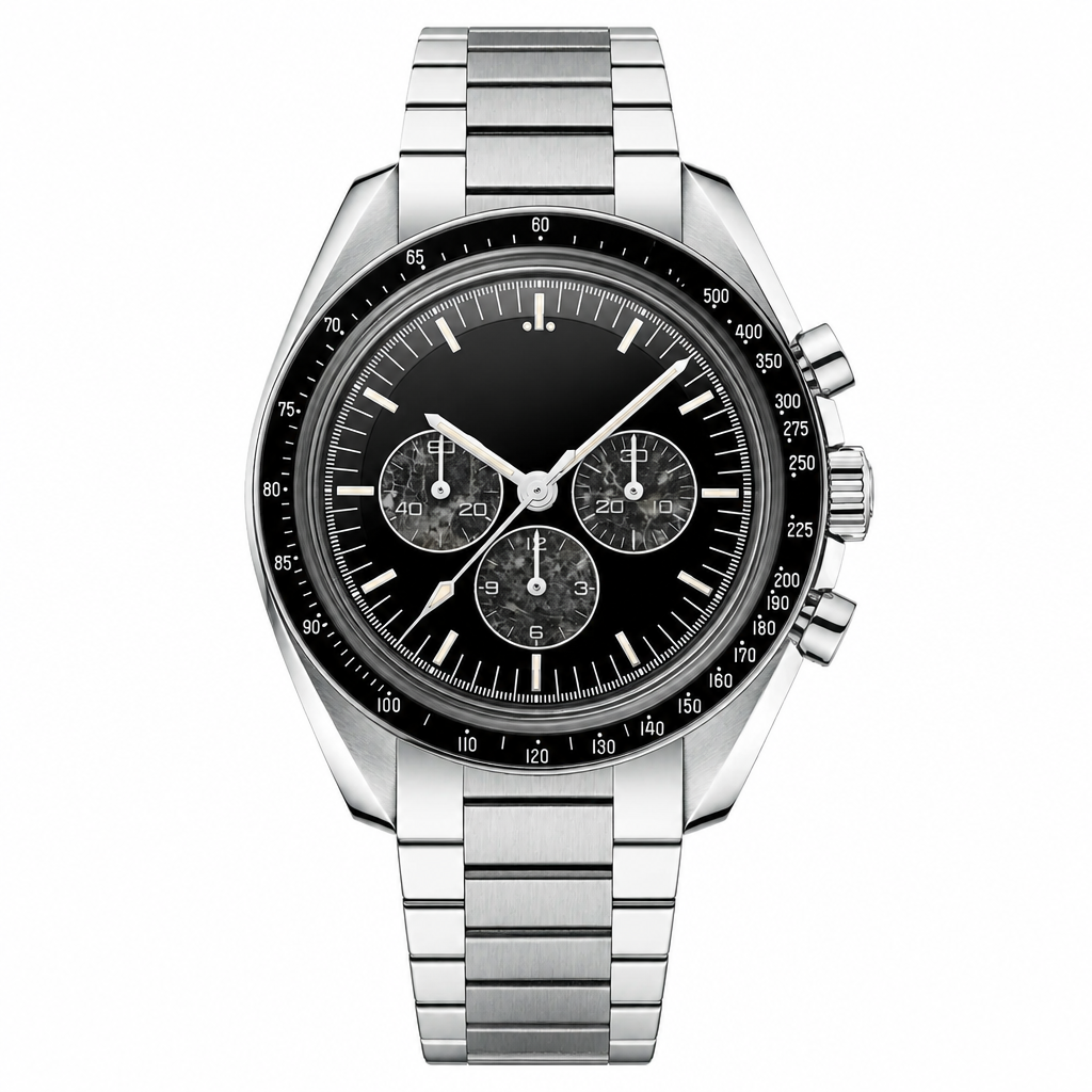 Sport Chronograph Watch with black dial and silver stainless steel bracelet 39.7mm