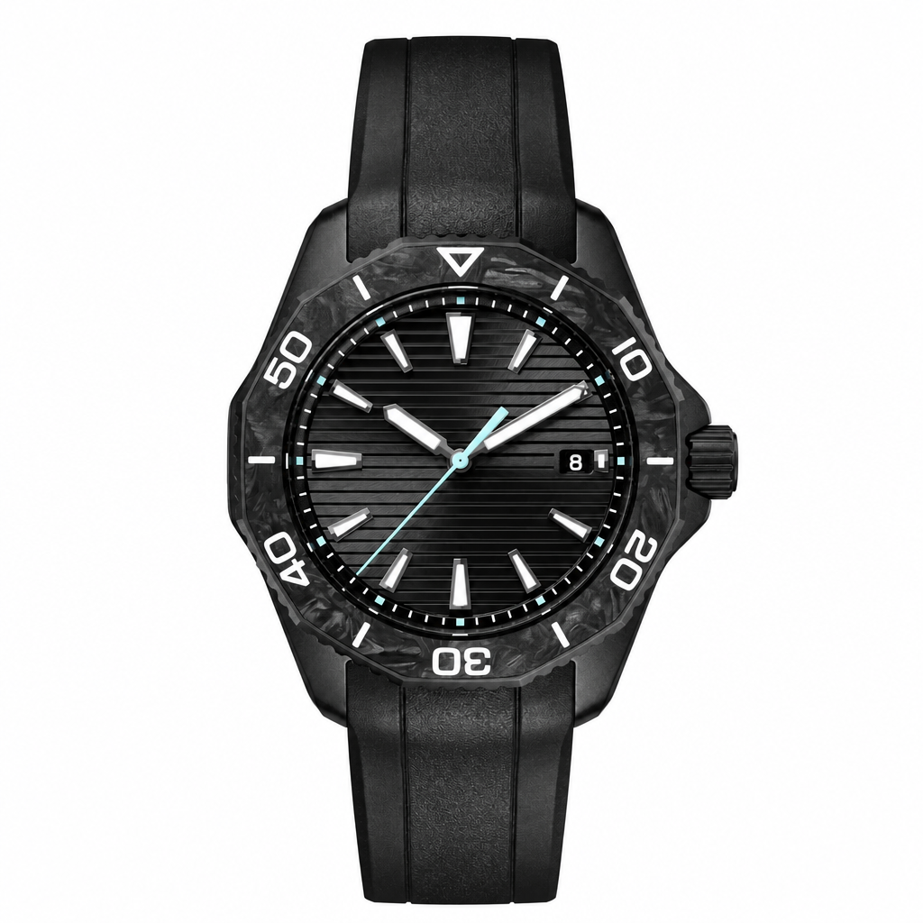 Sport watch with black textured case and black rubber strap