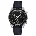 Chronograph watch with black dial and black leather strap on white background product photo