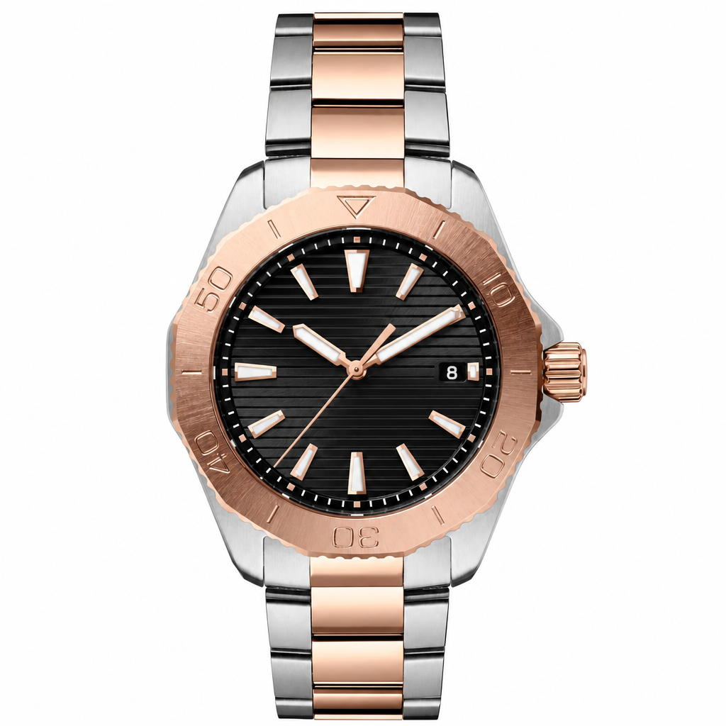 Two-tone silver and rose gold metal watch with black dial and date display on white background