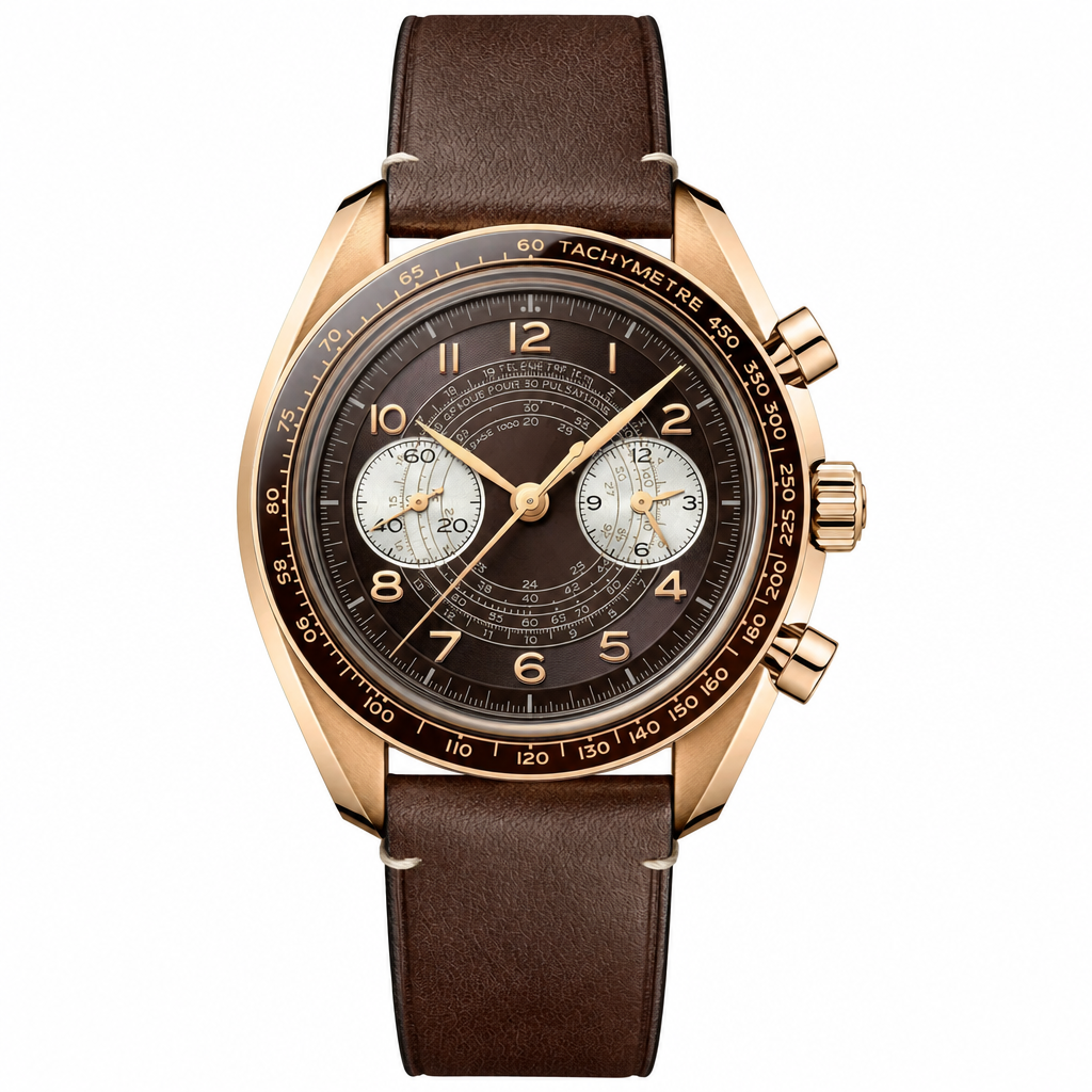 Chronograph watch with brown dial, rose gold tone case, and brown leather strap
