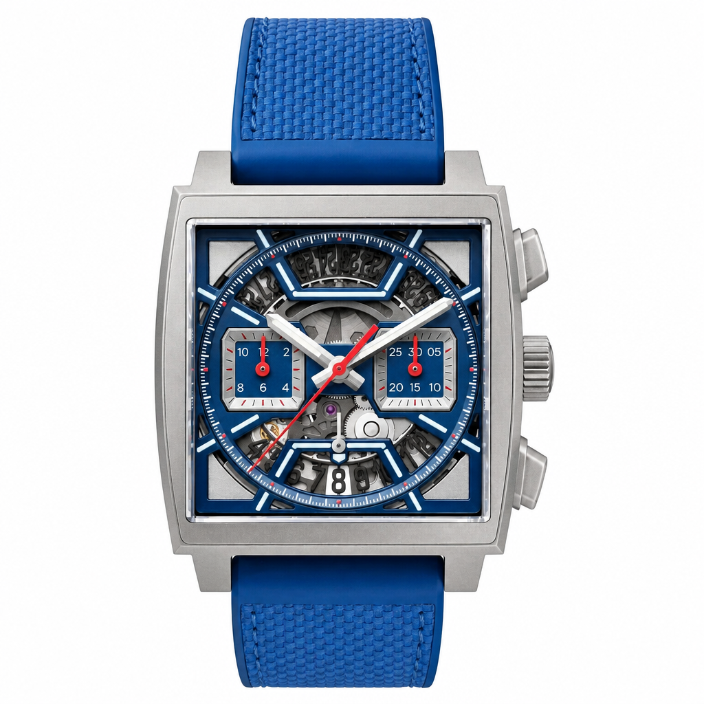 Square sport watch with blue skeleton dial, silver metal case, and blue rubber strap on white background