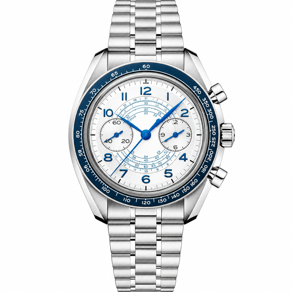 Chronograph watch with white dial, blue markers, blue bezel, and stainless steel bracelet