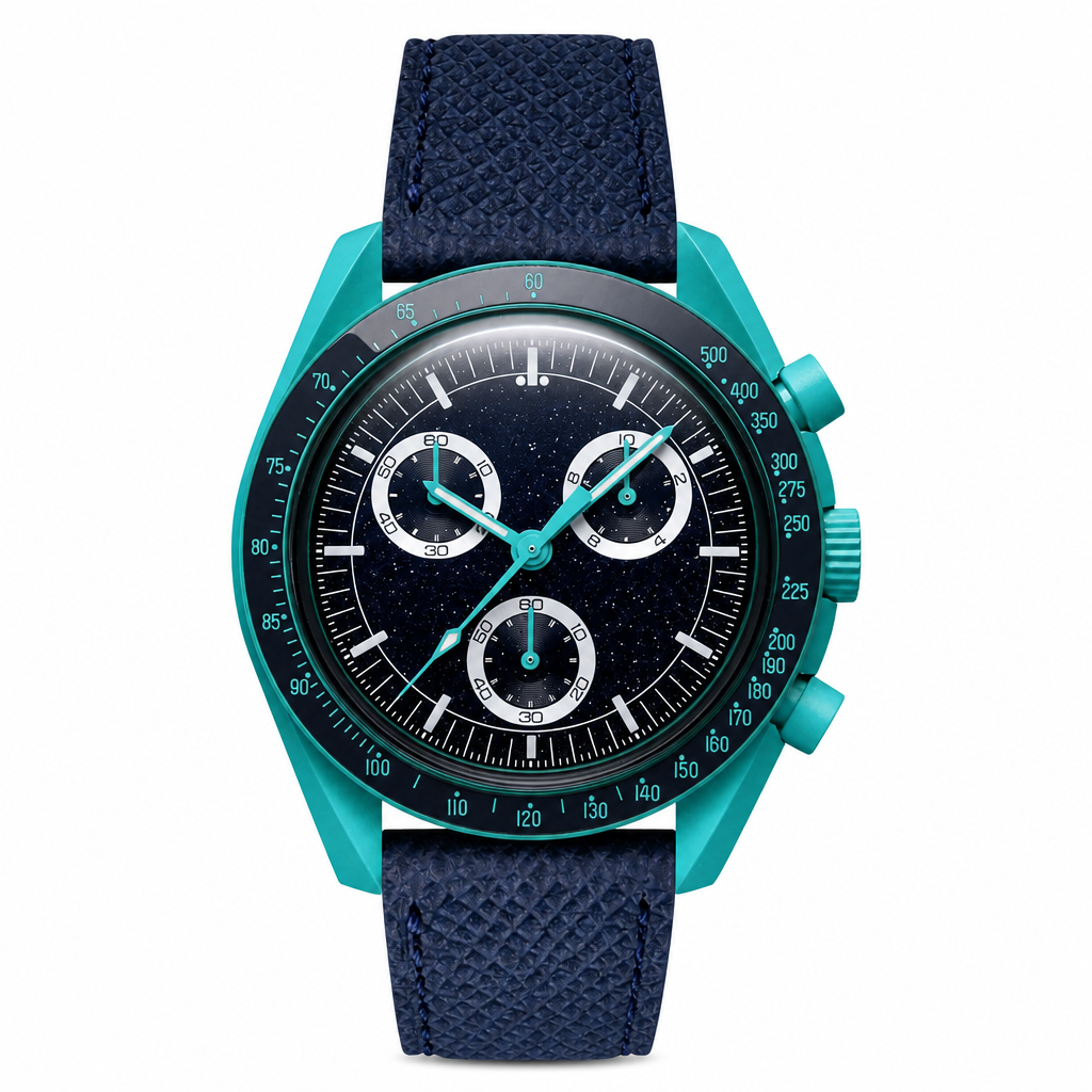 Chronograph watch with blue speckled dial, turquoise case, and navy blue leather strap