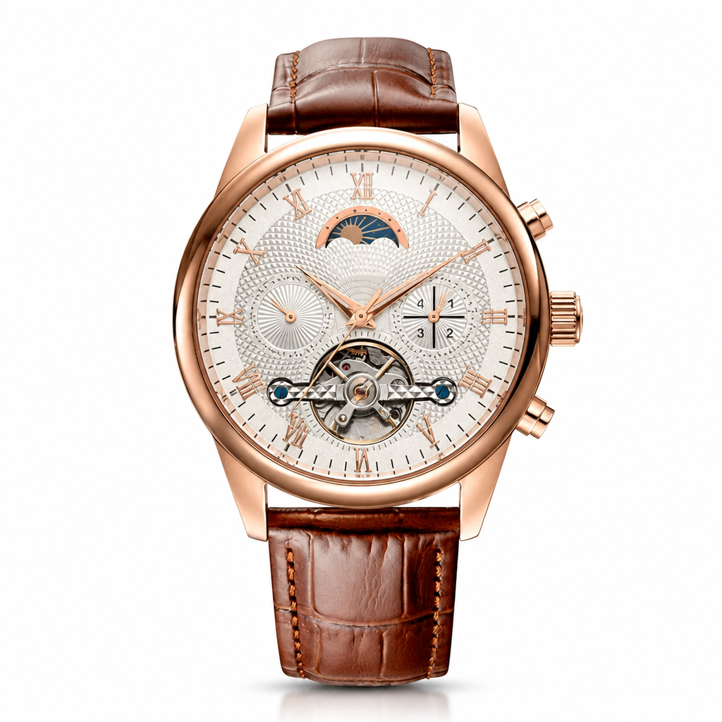 Dress watch with rose gold case, white dial with Roman numerals, and brown leather strap