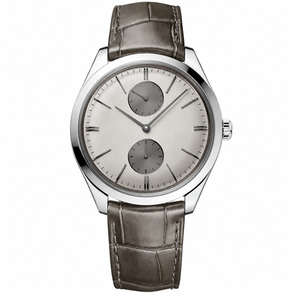 Dress watch with beige dial, silver case, and brown leather strap, 40mm size