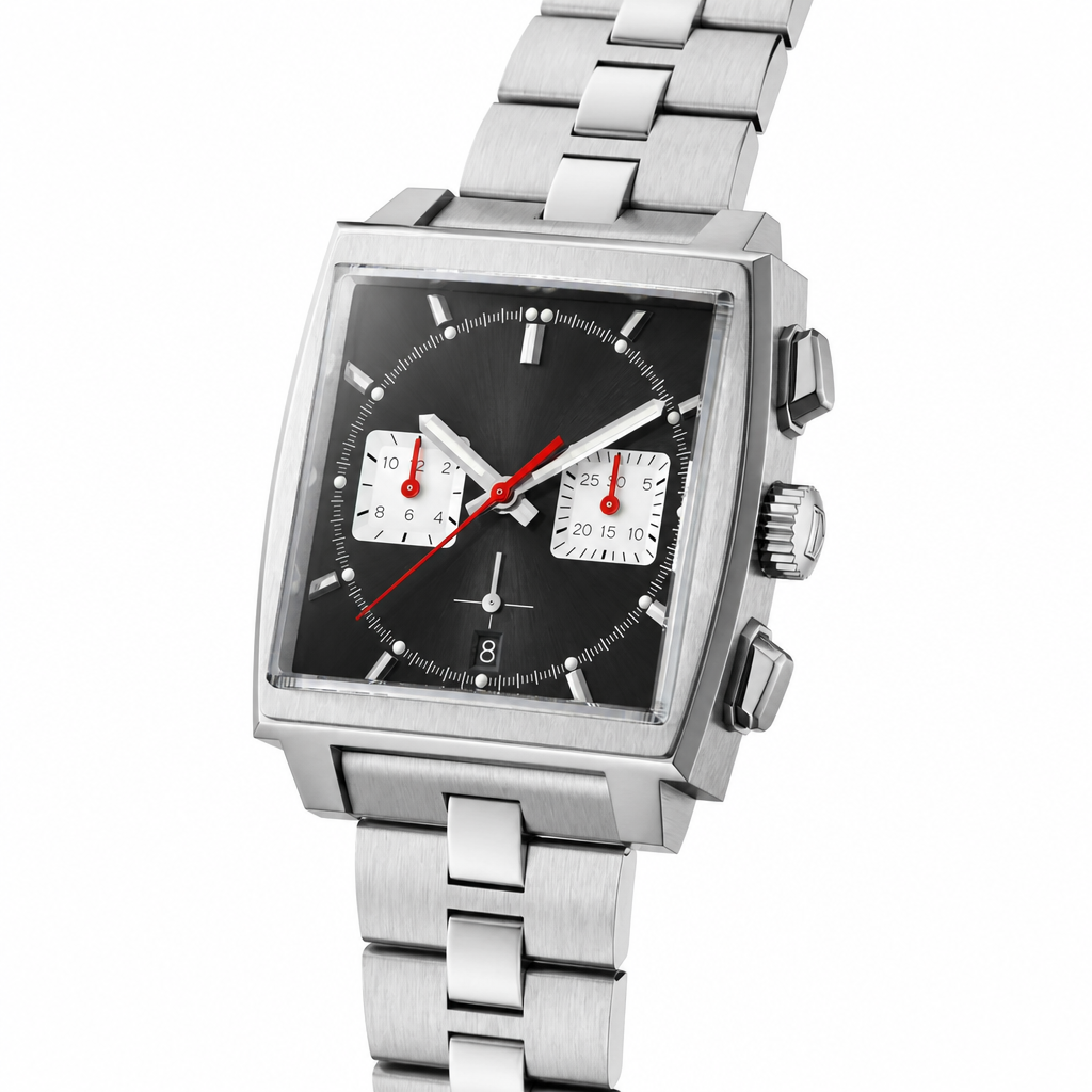 Chronograph watch with black dial and silver stainless steel bracelet