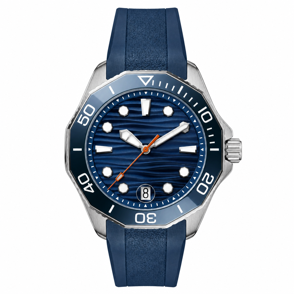 Sport watch with blue dial and blue rubber strap on white background