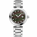 Women's dress watch with silver stainless steel bracelet and mother-of-pearl dial with diamond markers, 34mm case size