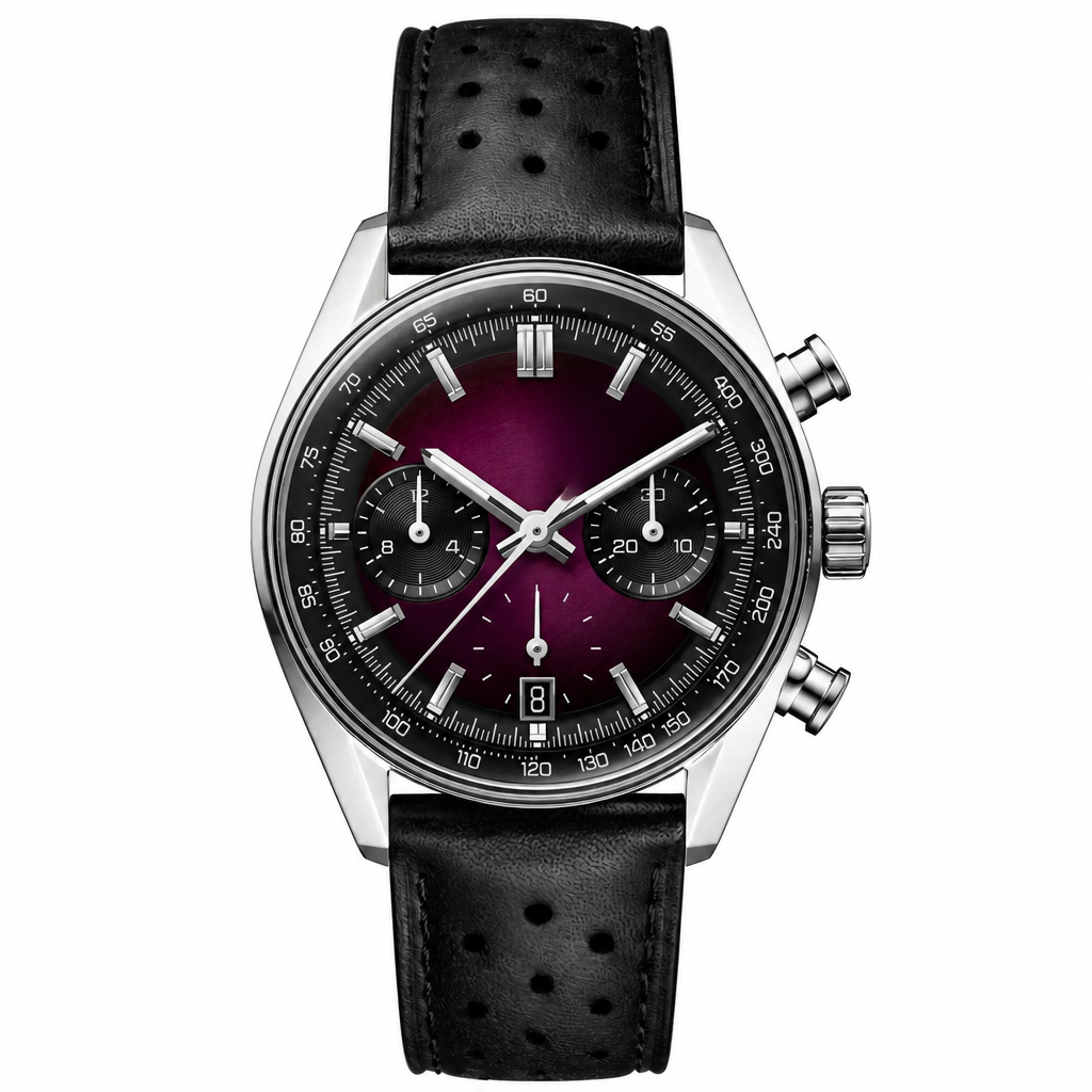 Sport Chronograph Watch with dark purple dial and black leather strap