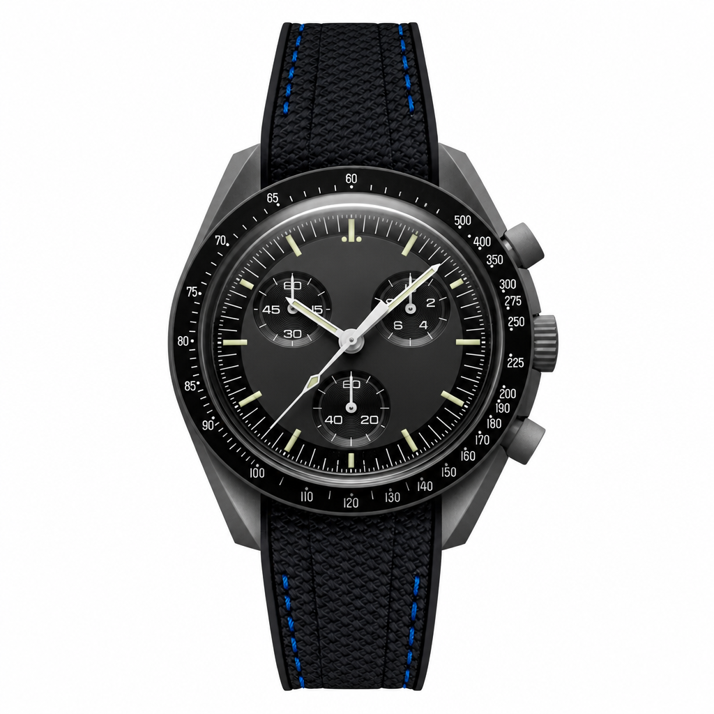 Sport chronograph watch with black dial and black rubber strap featuring blue stitching