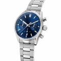 Chronograph watch with blue dial and stainless steel bracelet on white background
