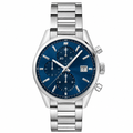 Chronograph watch with blue dial and silver steel bracelet on white background