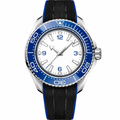 Sport diver watch with blue bezel, white dial, and black blue rubber strap 45.5mm