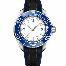 Relógio de mergulho esportivo com luneta azul e mostrador branco, 45,5 mm
