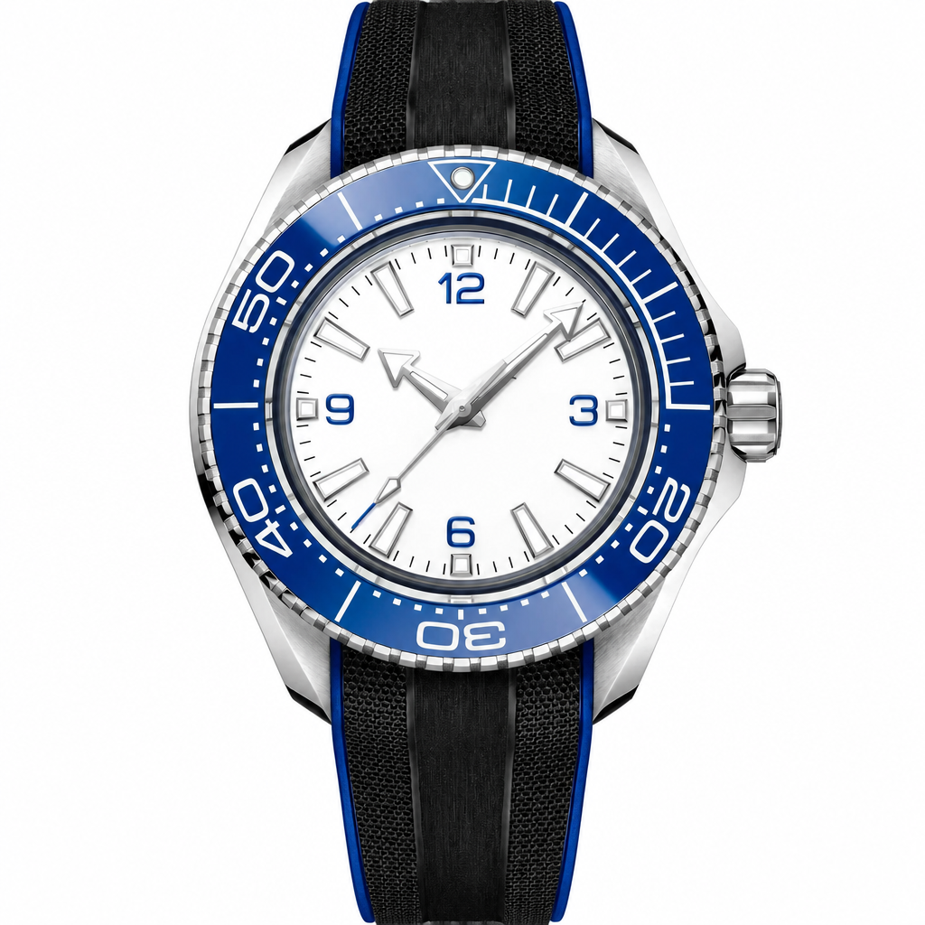 Sport diver watch with blue bezel, white dial, and black blue rubber strap 45.5mm