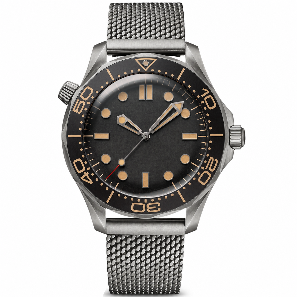 Dive watch 42mm gray metal mesh strap with black dial and light brown markers