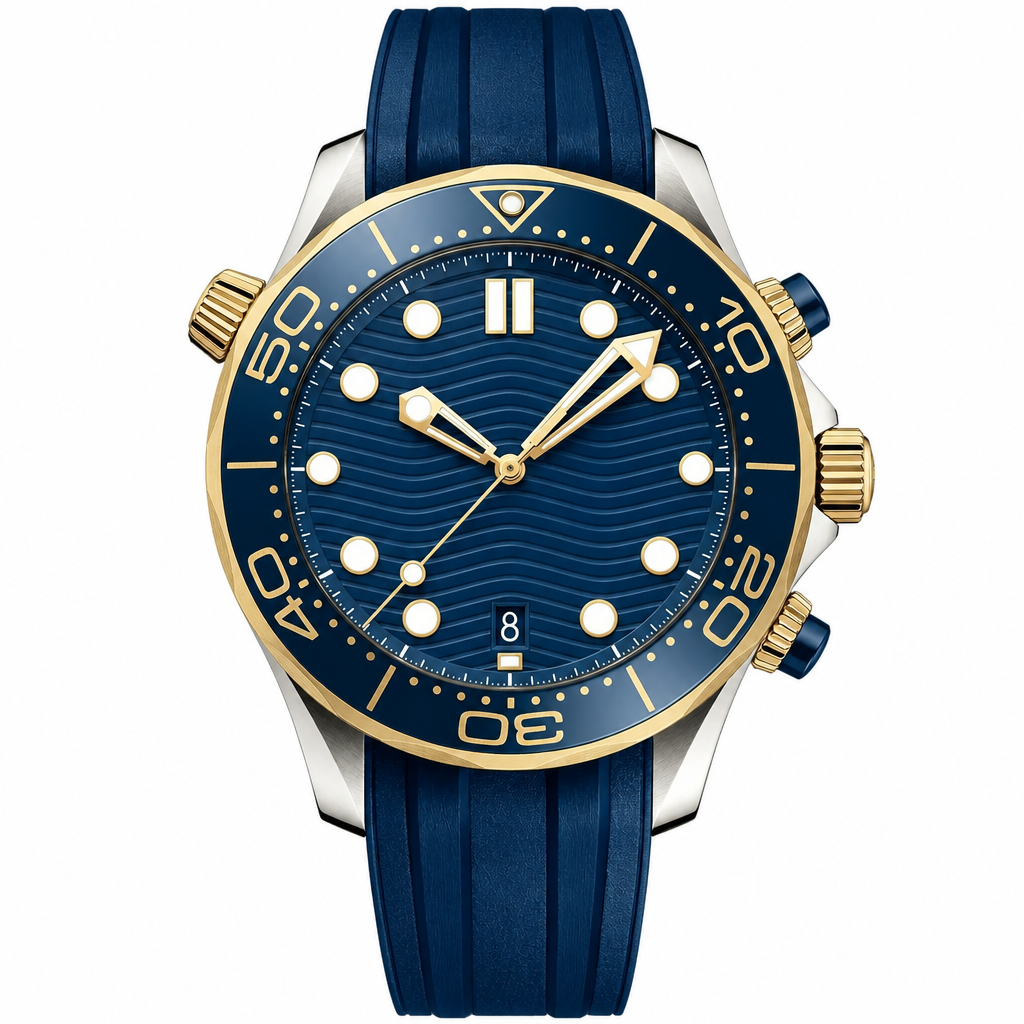 Two-tone diver watch with blue dial and blue rubber strap product photo