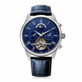 Blue dial dress watch with silver-tone case and blue leather strap