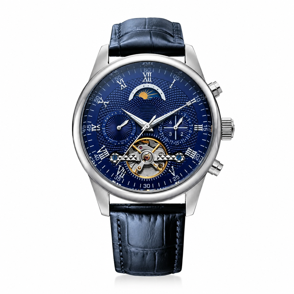 Blue dial dress watch with silver-tone case and blue leather strap