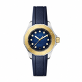 30mm sporty watch with blue dial and diamond-like markers, blue strap, and two-tone silver and gold case on white background