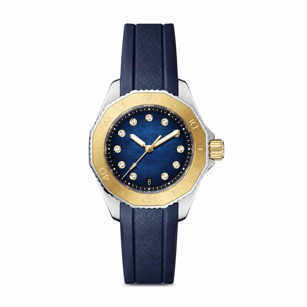 30mm sporty watch with blue dial and diamond-like markers, blue strap, and two-tone silver and gold case on white background
