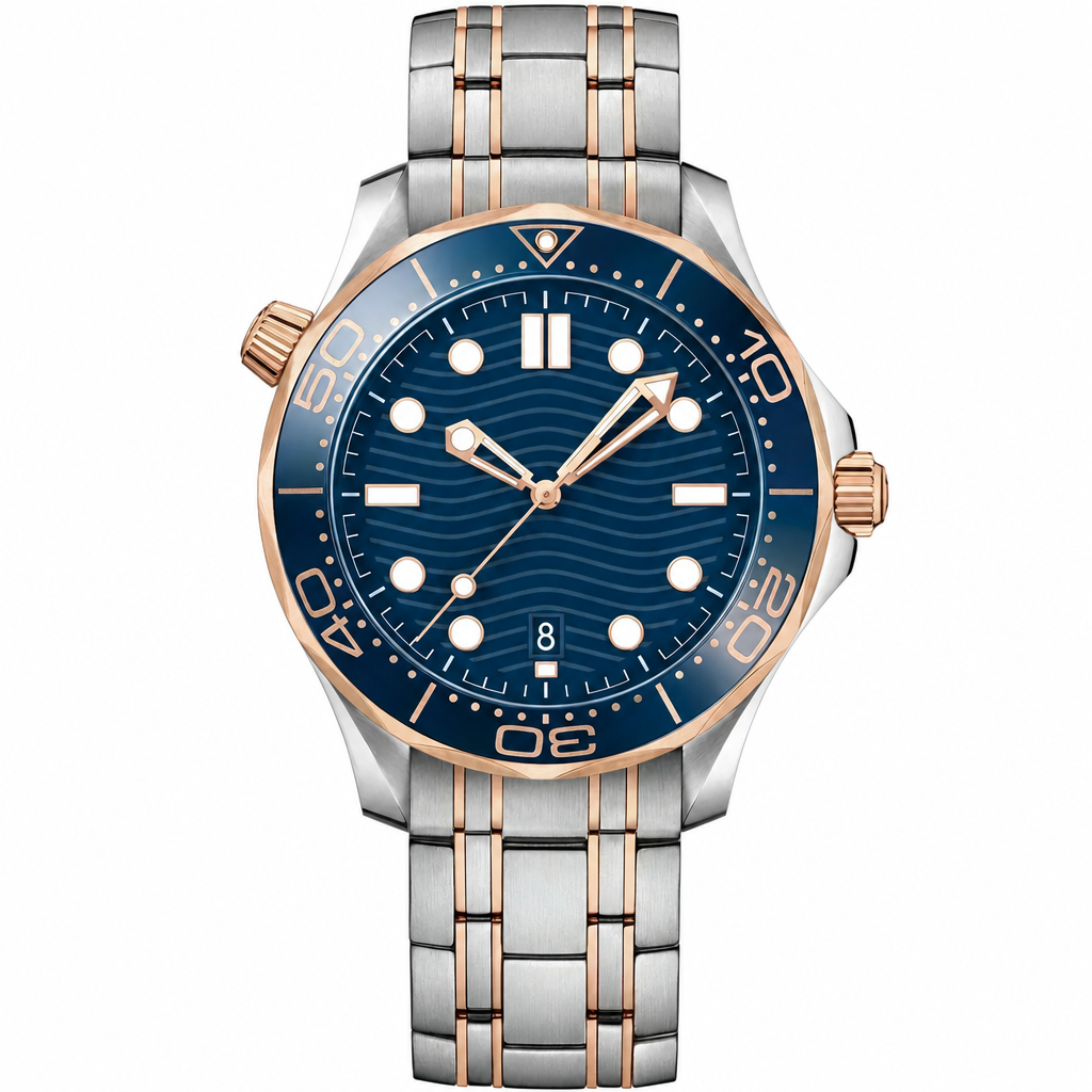 Two-tone diver watch with blue dial and bezel on metal bracelet