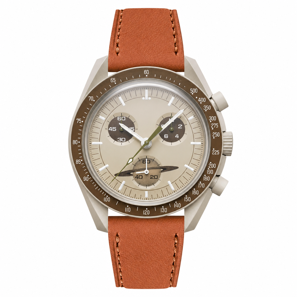 Beige dial dress watch with chronograph and brown leather strap on white background