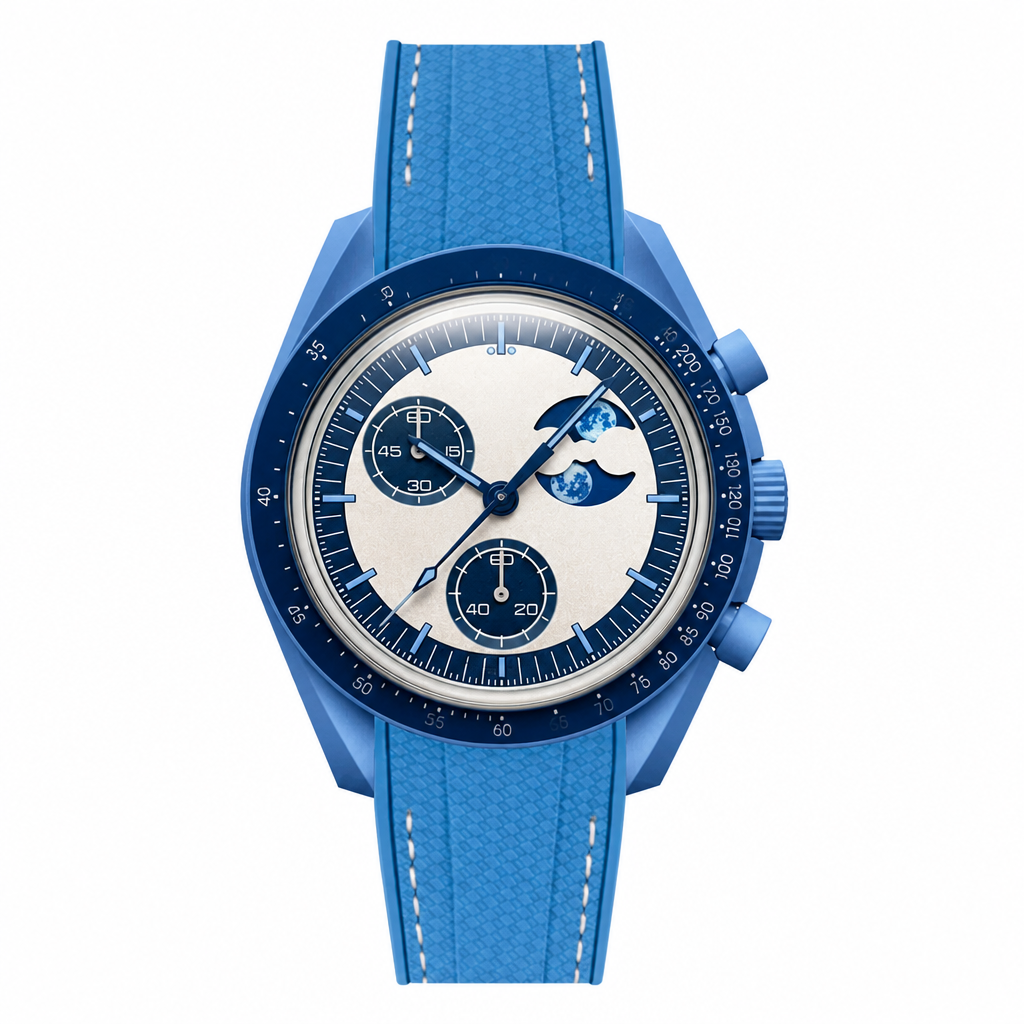 Blue chronograph watch with rubber strap and moonphase dial