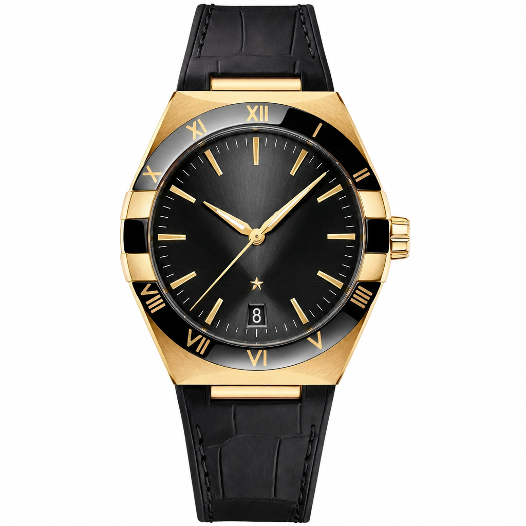 Men's dress watch with gold-tone case, black dial, and black leather strap
