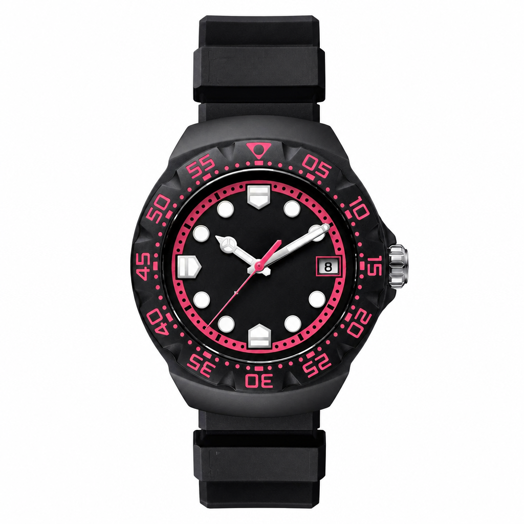 Black sport watch with rubber strap and pink accents on bezel and dial, on white background