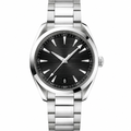 Dress watch with black dial and silver metal bracelet on white background