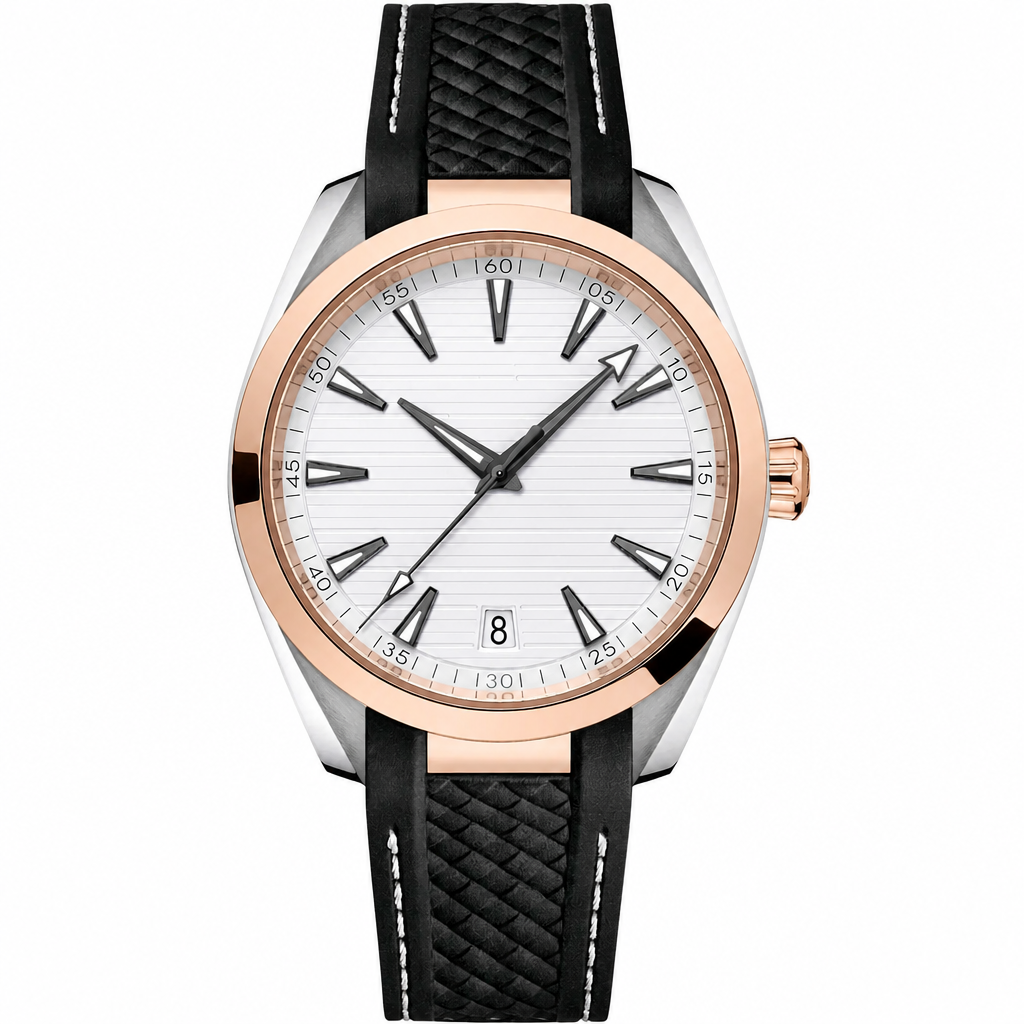 Two-tone metal case watch with white dial and black textured strap