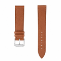 Brown leather watch strap with silver buckle on white background