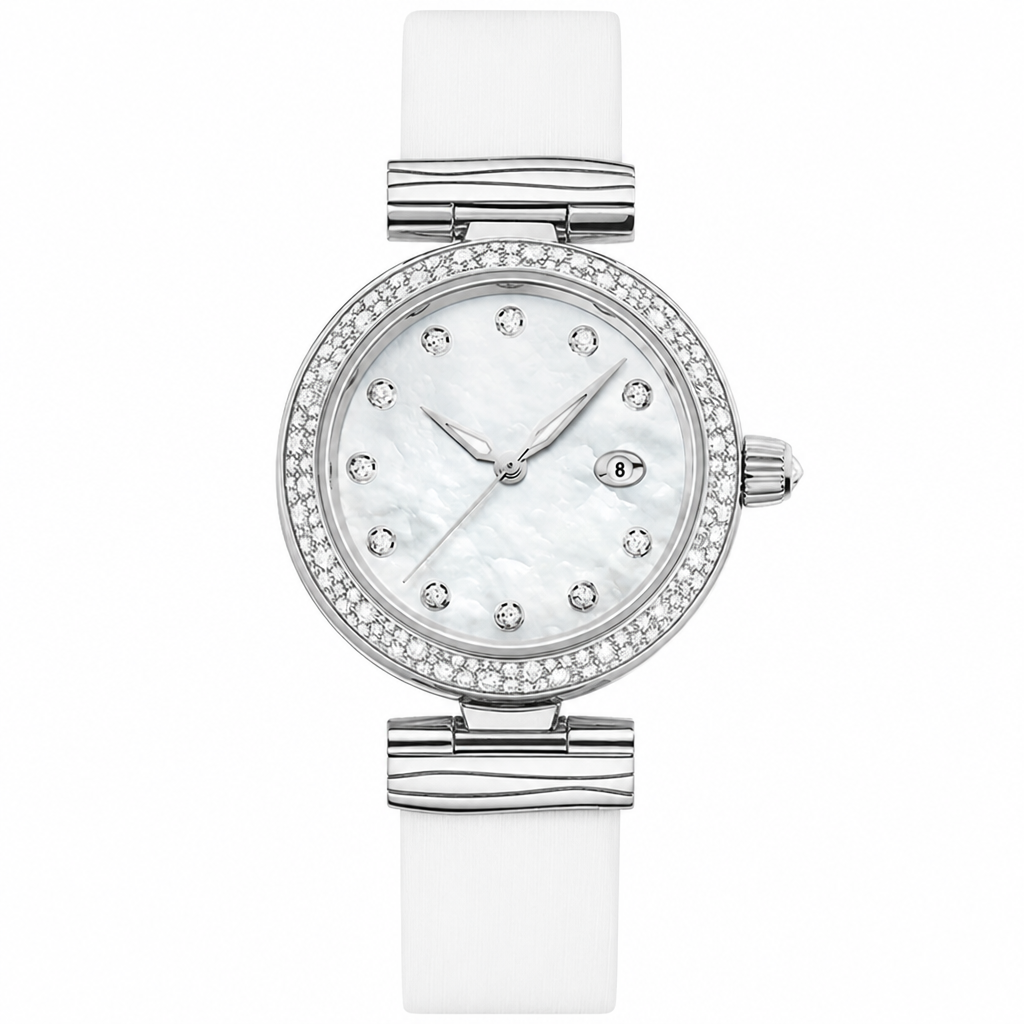 Women's dress watch with white strap and mother-of-pearl dial, 34mm case
