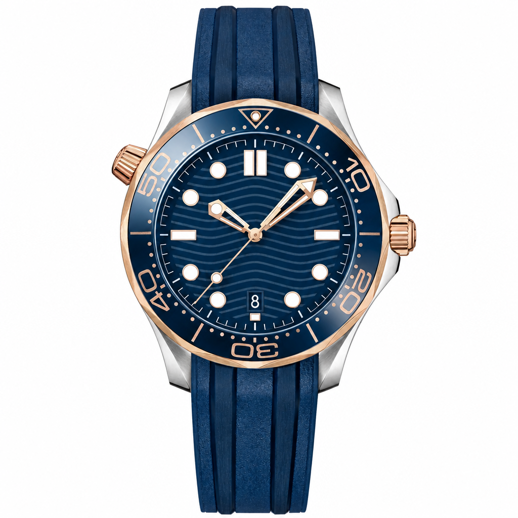 42mm diver watch with blue dial, two-tone metal case, and blue rubber strap